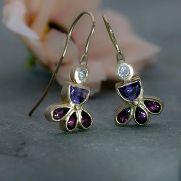 Unique gold earrings with zircon, amethyst & garnet, Colorful drop dangle earrings, Gemstone earrings, Handmade jewelry, Gift for her